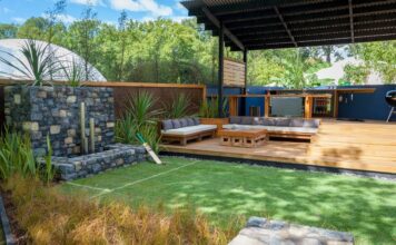 Covered outdoor patio attached to a modern home